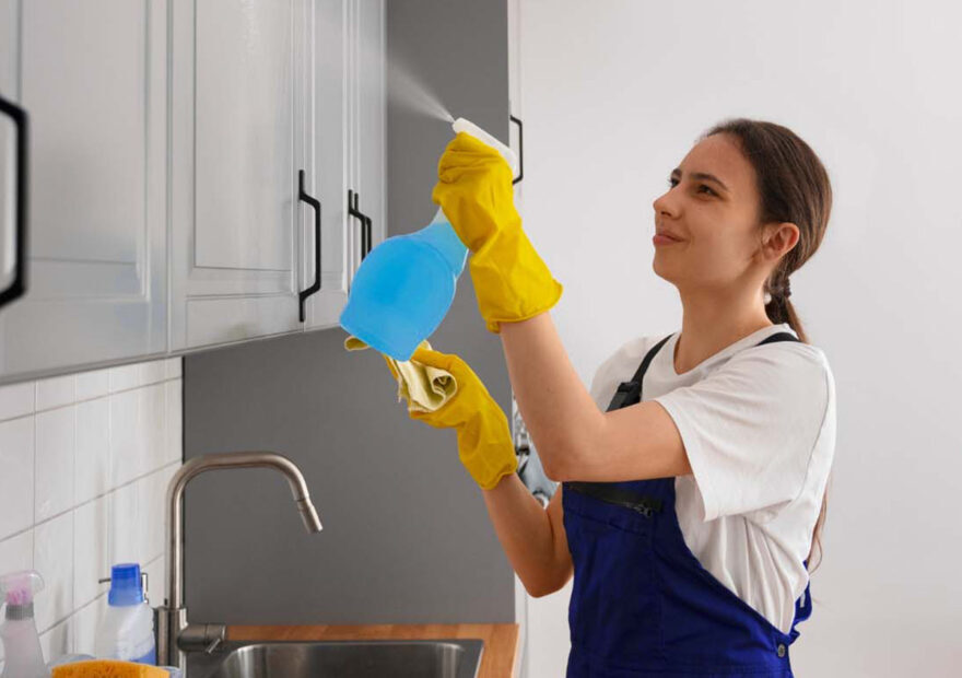 Person cleaning cabinets with cleaning solution