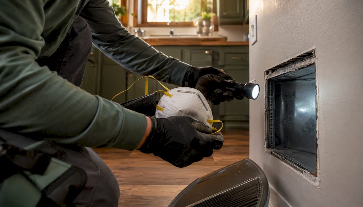 Technician hands with inspection tools near HVAC duct