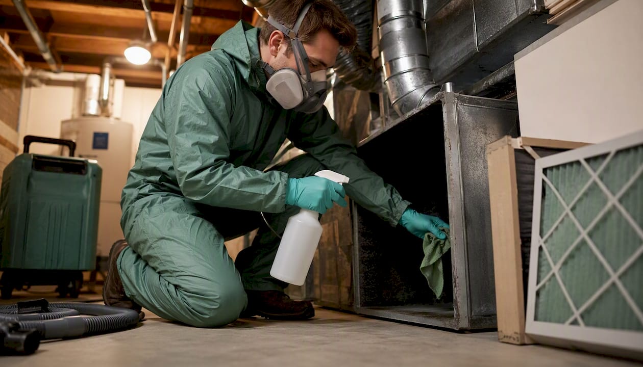 Professional cleaning mold from air ducts in furnace room