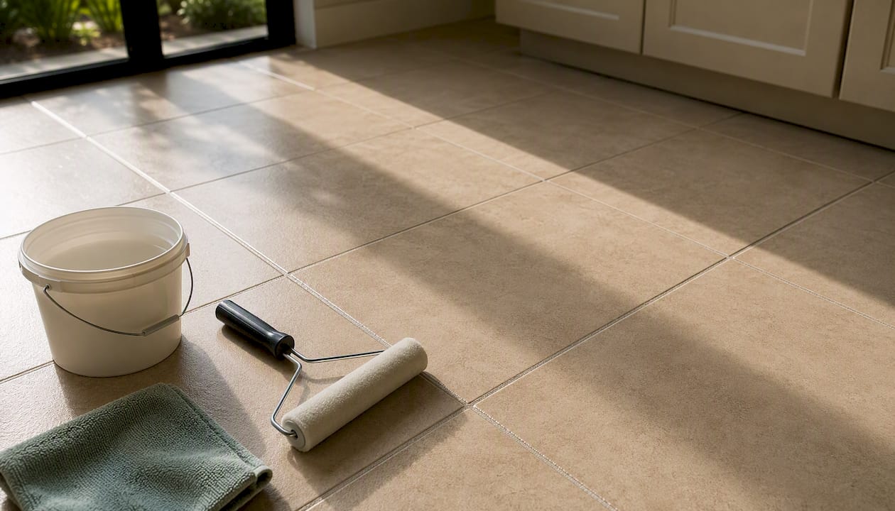 Closeup of sealed grout on tile floor with tools