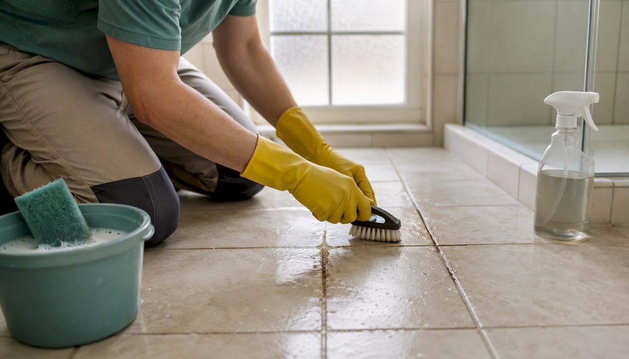 Hands scrubbing grout on tiled floor