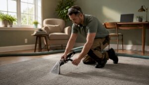 Professional cleaning carpet in new home living room