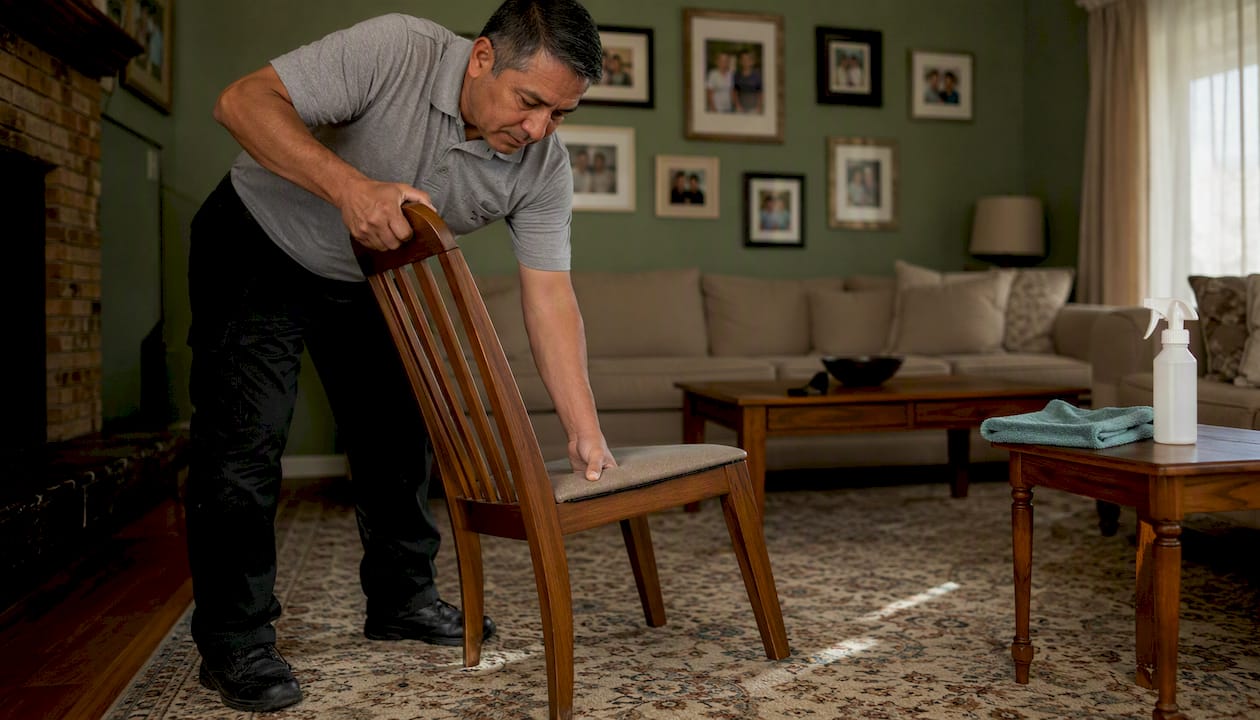Technician cautiously moving furniture over carpet