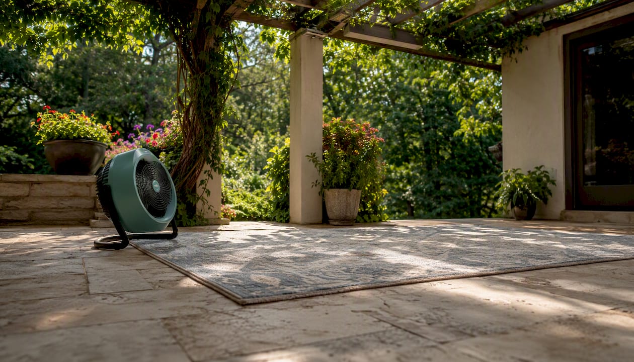 Sunlight with fan drying carpet by open window