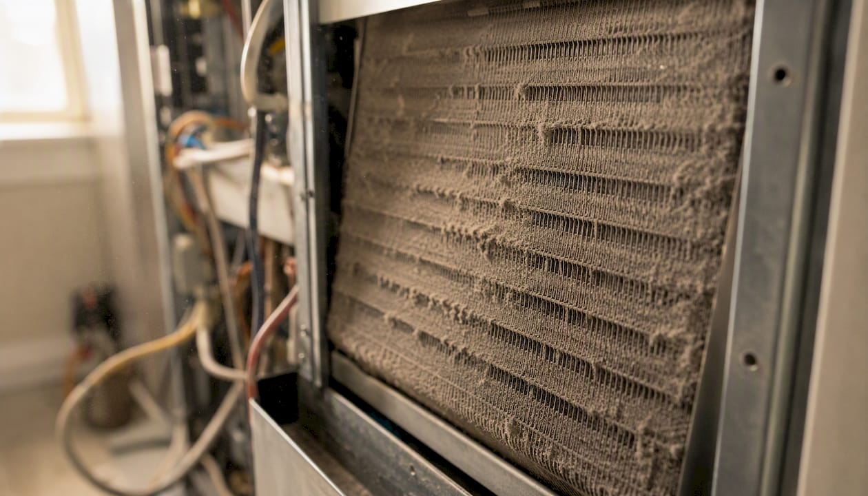 Dusty evaporator coil in HVAC air handler