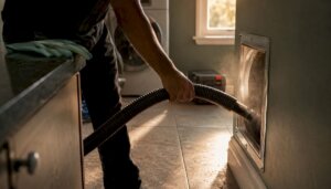 Technician vacuuming air duct with hose