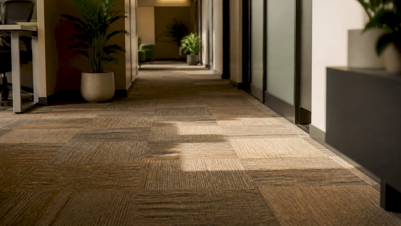 Office corridor floor with modular carpet tiles