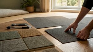 Worker installing carpet tiles near broadloom carpet