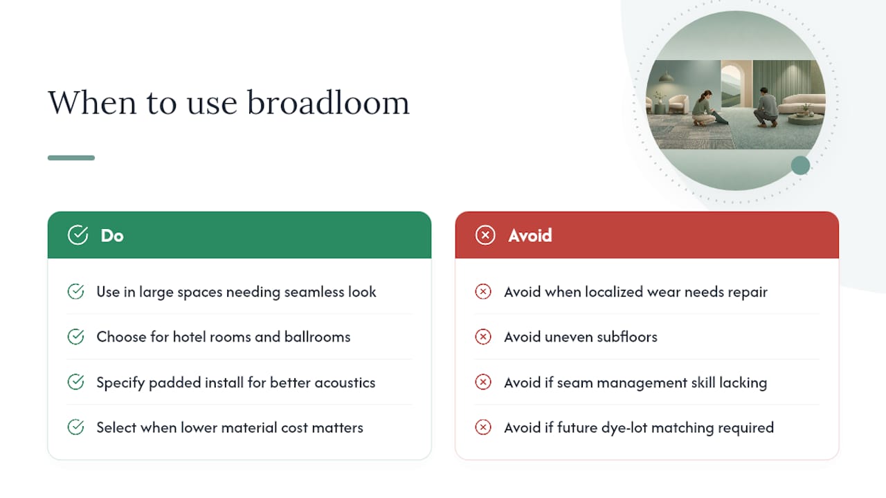 Where does broadloom win, and where does it cost you? — overview diagram