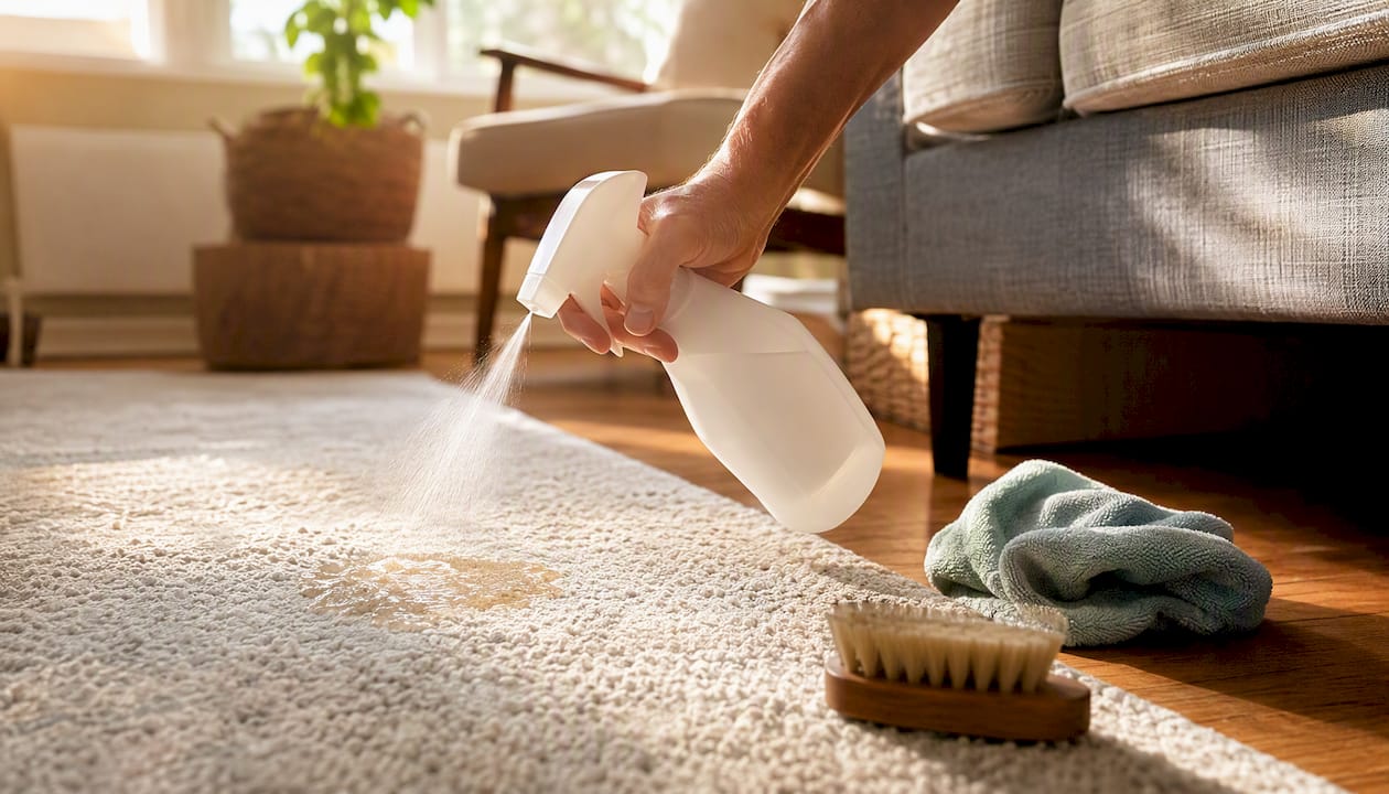 Spraying water on old pet urine stain on wool rug
