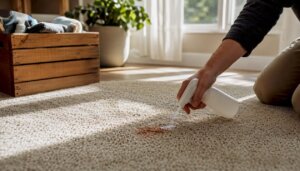 Applying enzyme cleaner to pet stain on rug