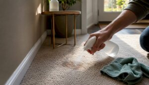 Hand spraying enzymatic cleaner on carpet stain