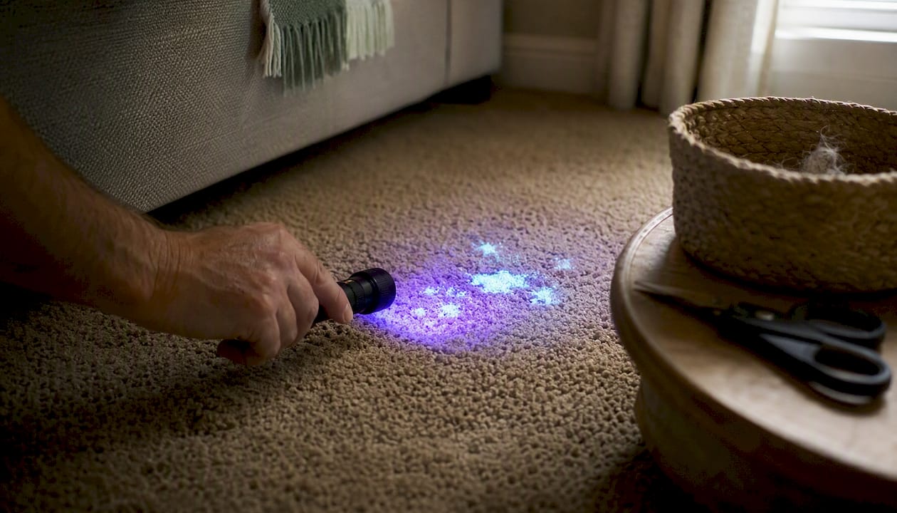 Hand using UV blacklight to reveal urine stains on carpet