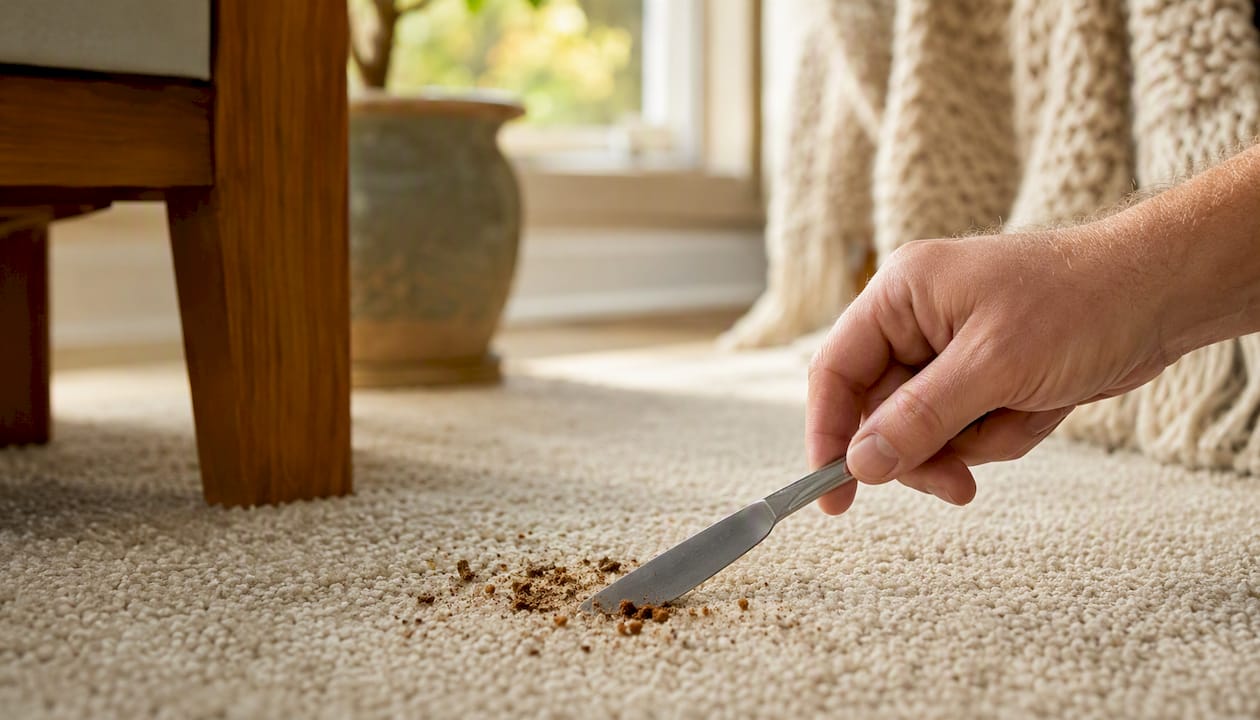 Hand lifting rust flakes with butter knife on carpet