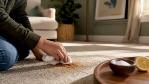 Hand blotting rust stain on carpet with cloth