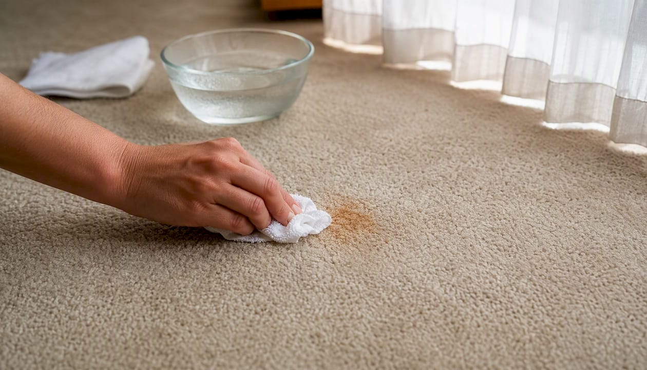 Hand blotting rust stain on carpet with cold water