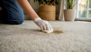 Hand blotting dog diarrhea stain on carpet