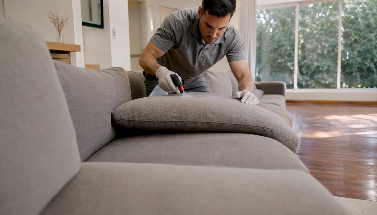 Large sectional sofa with cleaning spray close-up