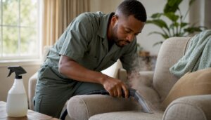 Technician steam cleaning a sofa fabric close-up