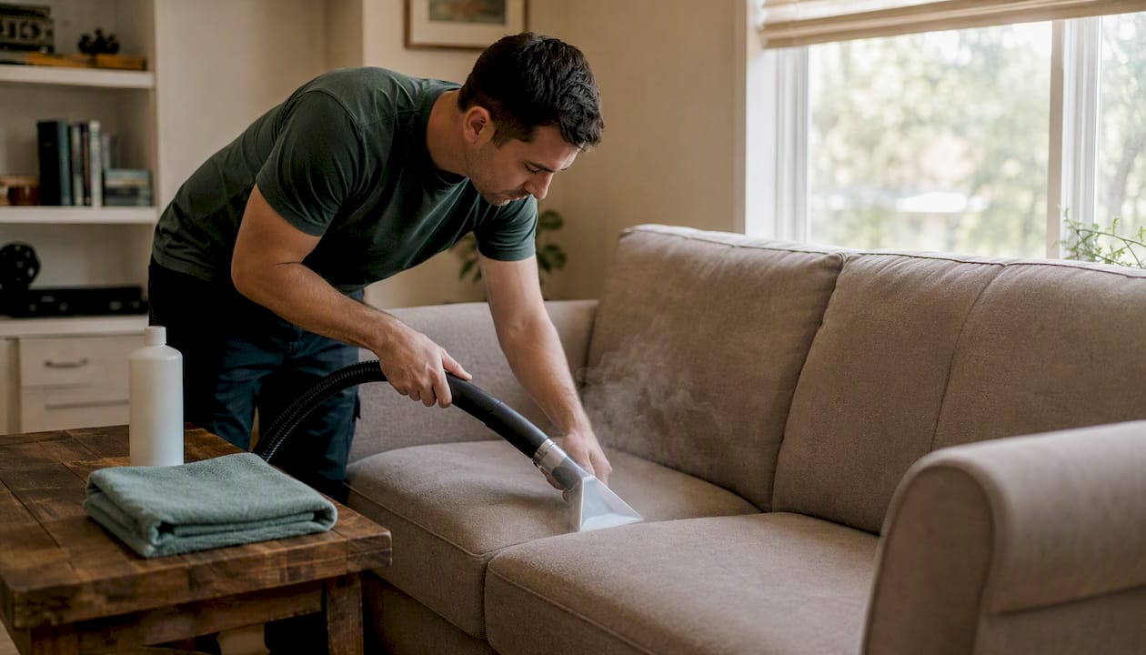 Technician steam cleaning upholstered chair