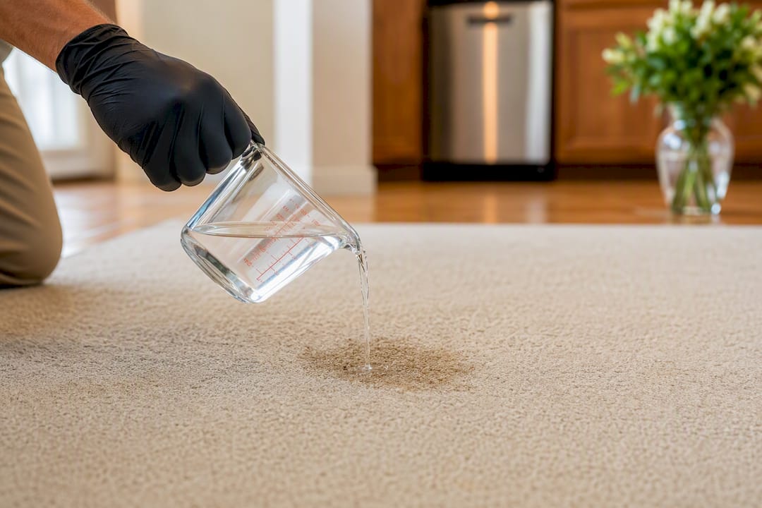 Pouring cold water on coffee stain on carpet