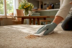 Hand blotting fresh coffee spill on carpet