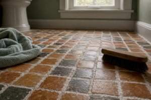 White mineral efflorescence on tile grout close-up