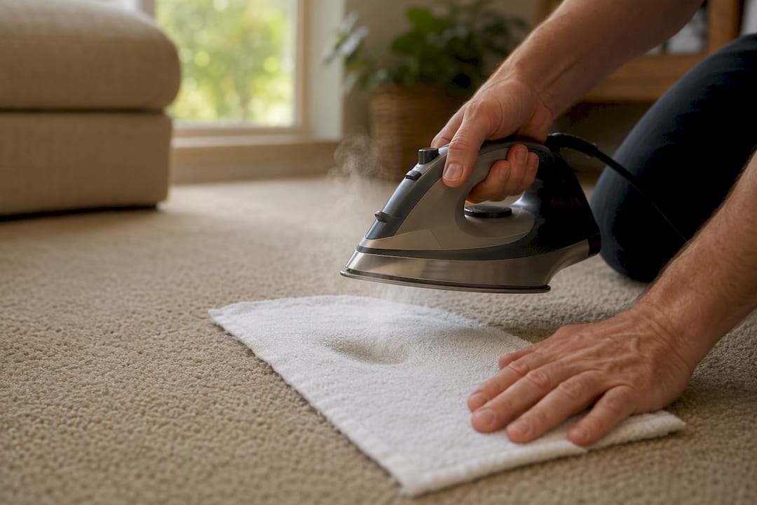 Steam iron over towel on carpet dent
