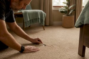 Hands fluffing carpet fibers near furniture dent
