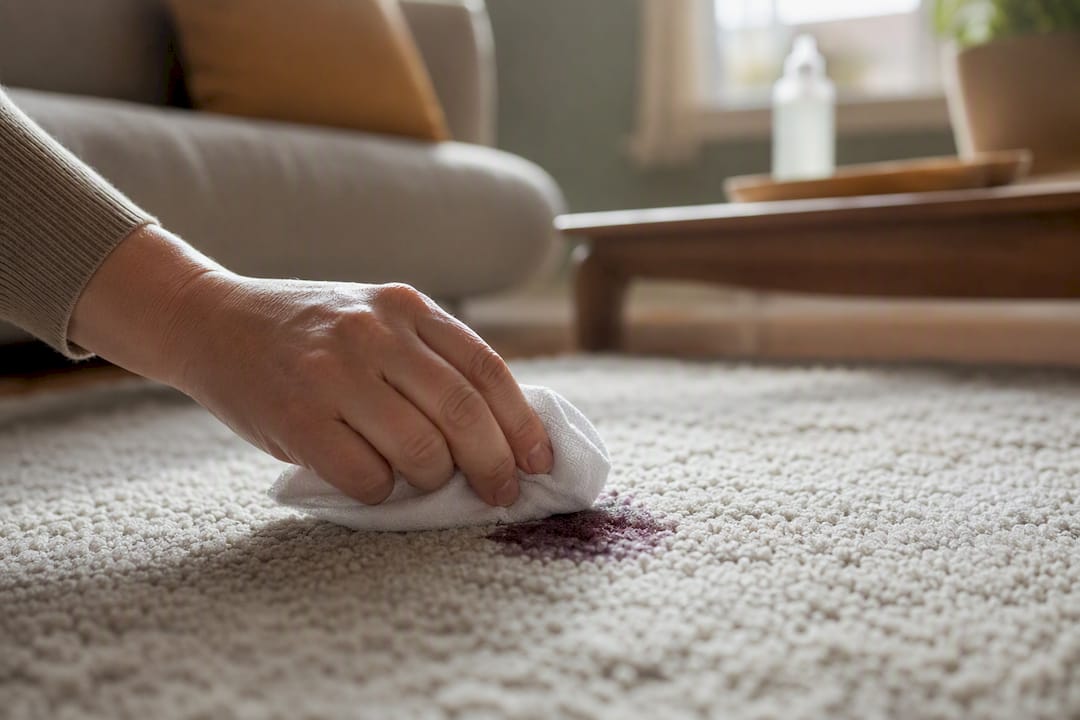 Hand blotting dried nail polish stain on carpet