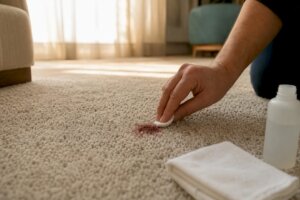 Hand dabbing nail polish remover on carpet stain