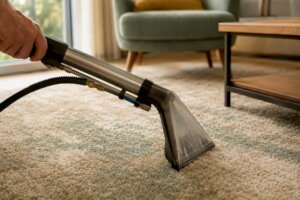 Hand cleaning carpet with steam extraction wand