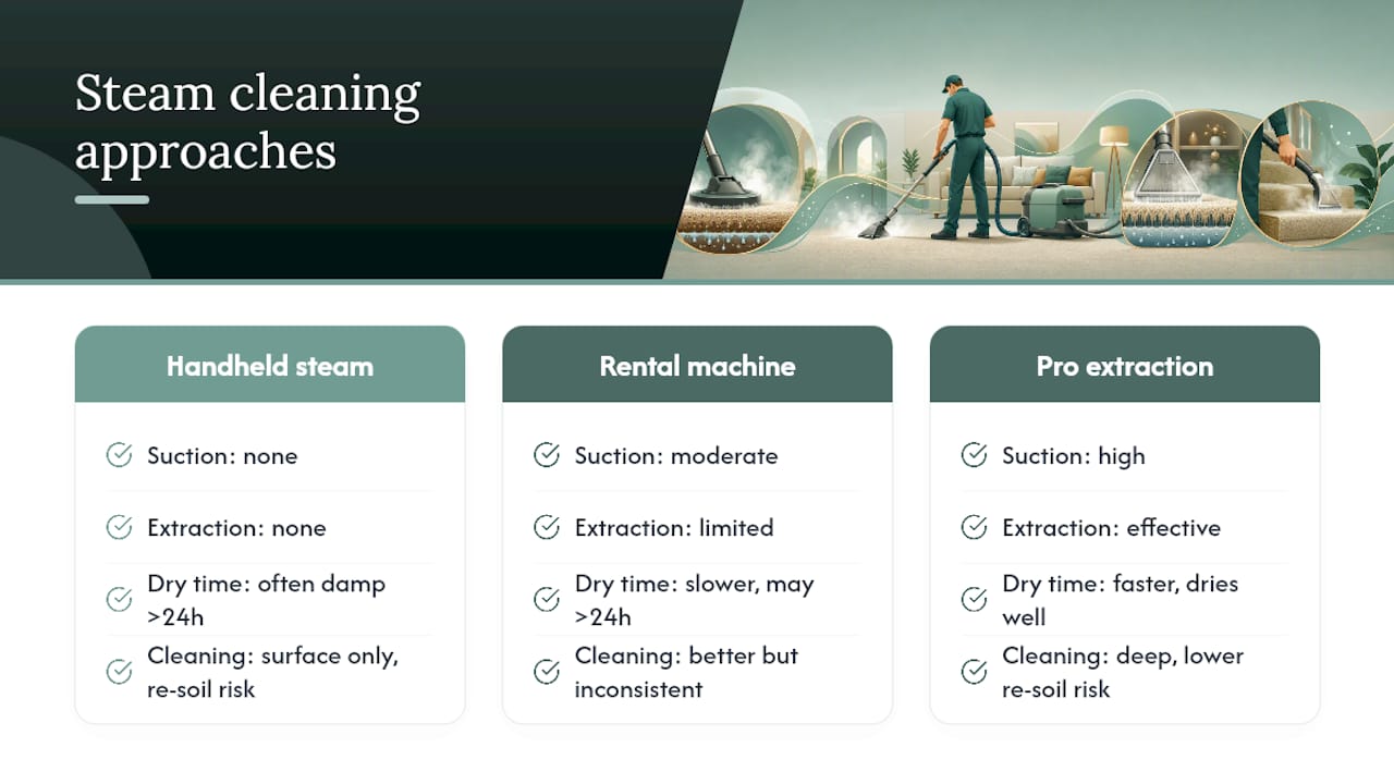 Diagram comparing types of steam cleaning and their effectiveness