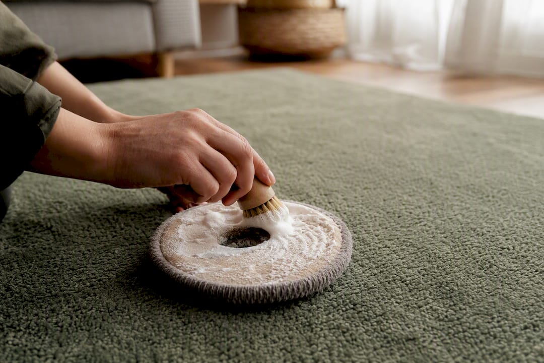 Hands applying dry cleaning compound and bonnet cleaning pad