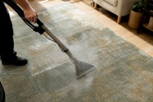Cleaning wand applying hot-water extraction on carpet