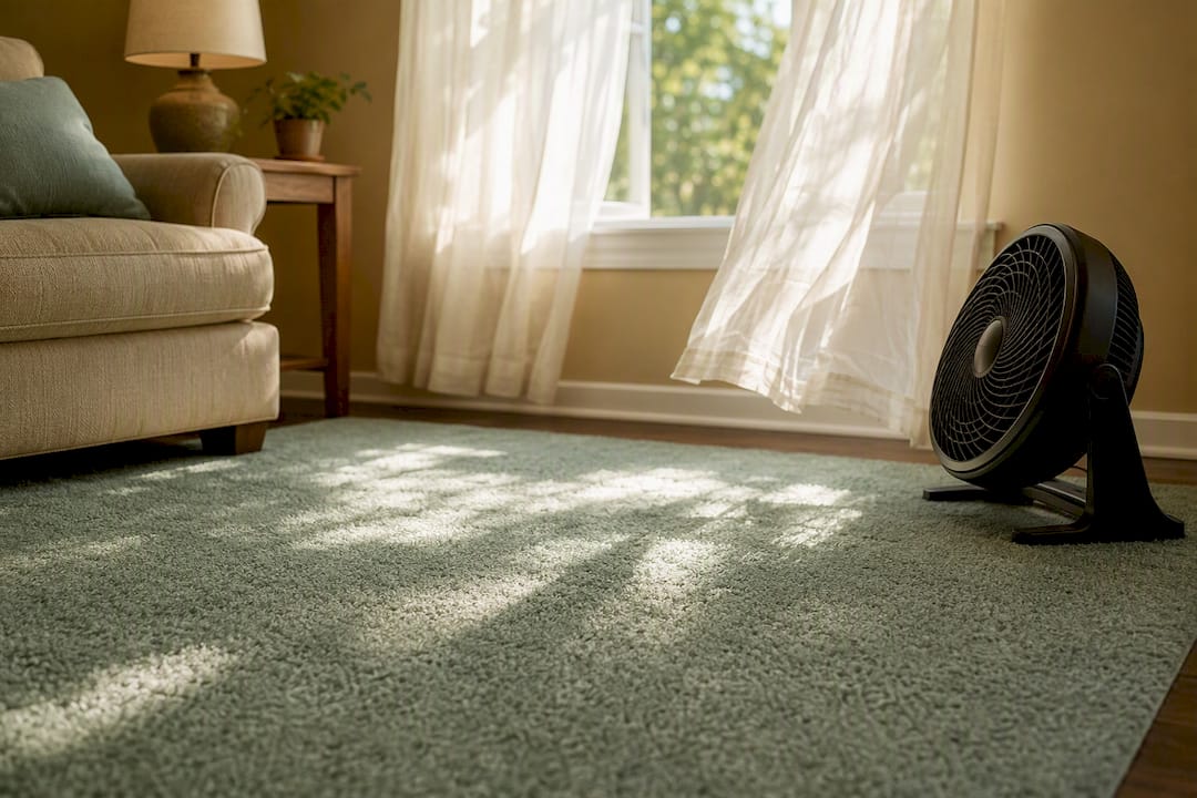 Open window and fan speeding carpet drying