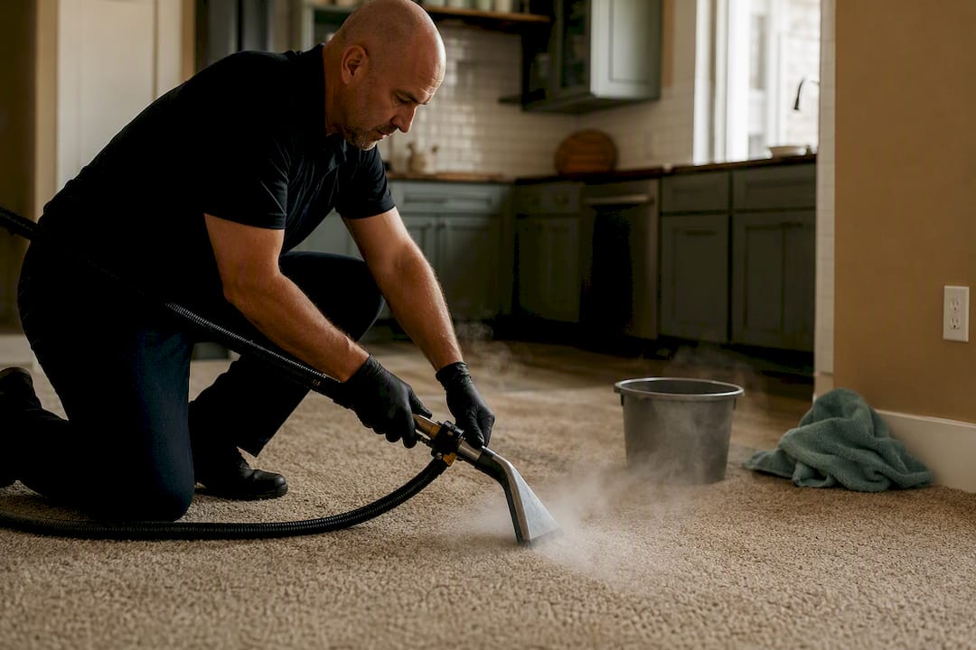 Dry steam cleaning wand releasing steam over carpet