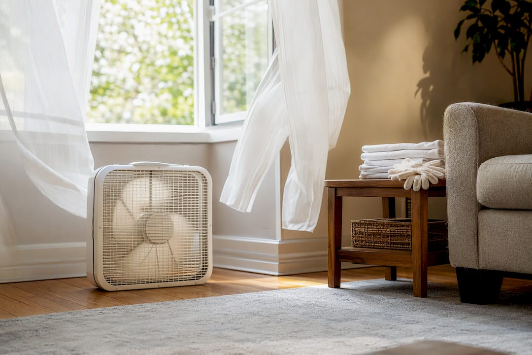 Open window with box fan providing airflow