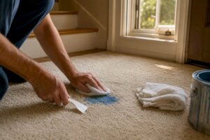 Hand blotting paint stain on carpet