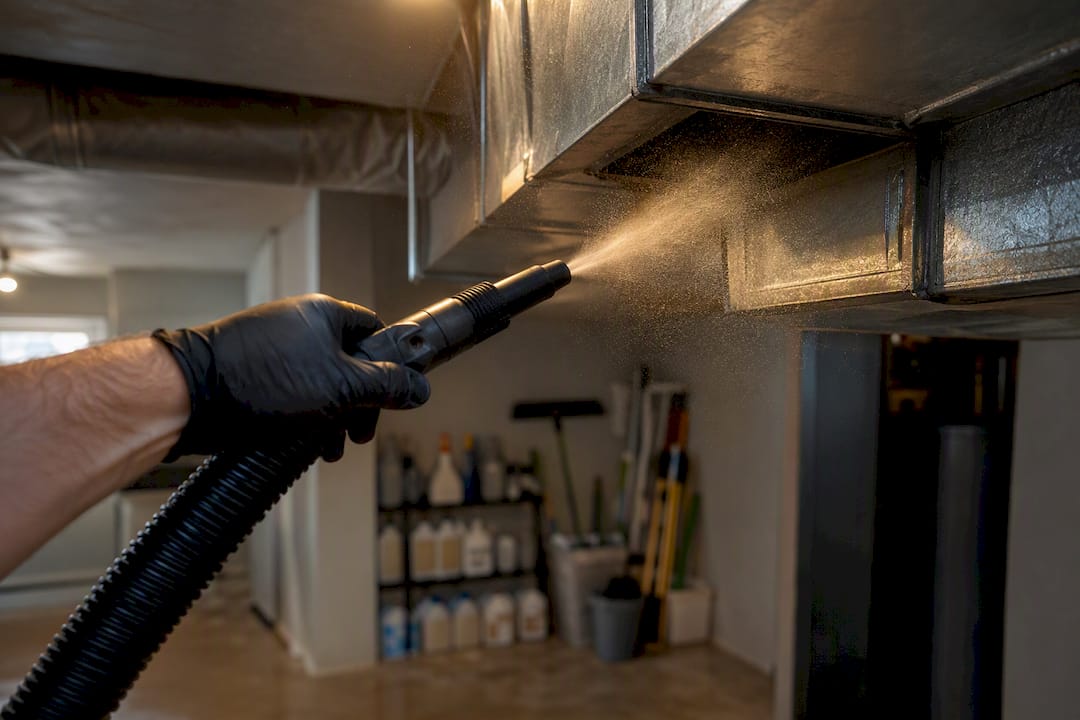 Technician fogging air duct with disinfectant mist