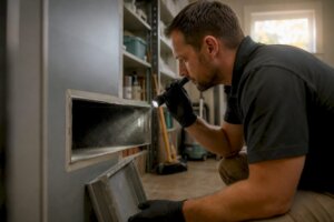 Technician inspecting air duct interior