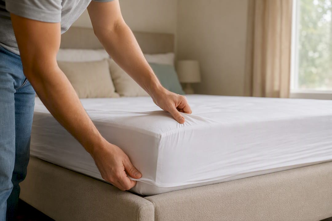 Hands fitting waterproof mattress protector on bed