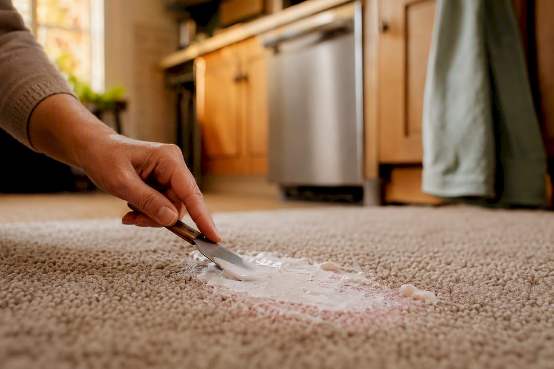 Applying baking soda paste to carpet stain