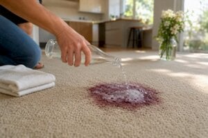 Club soda poured onto red wine stain on carpet
