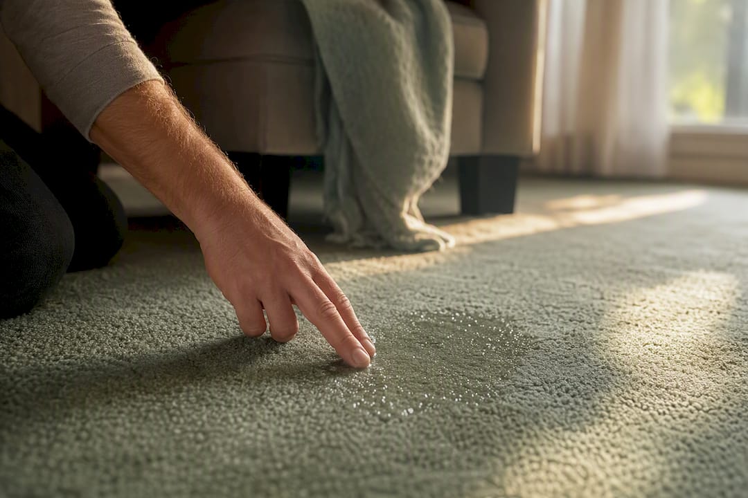 Fingers pressing damp carpet salt stain