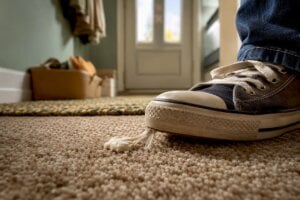 Chewing gum stuck to carpet fibers