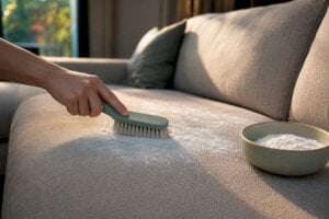 Baking soda applied to couch upholstery