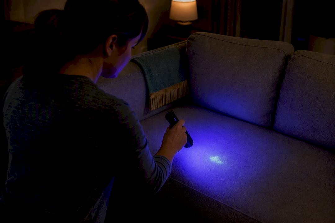UV light revealing urine spot on couch