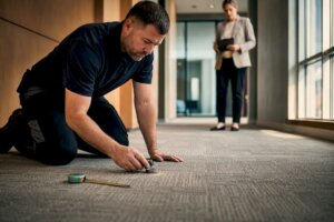 Technician inspecting commercial carpet before cleaning
