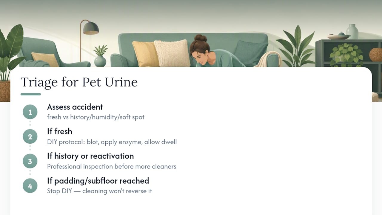 Pet urine cleanup triage decision paths